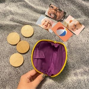 Lovevery big spender cards, wooden coins (1-4), & first wallet